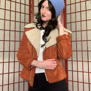 Vintage shearling leather bomber jacket orange suede 60s 70s excellent condition